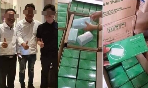 태국 실세 차관 측근(왼쪽 사진의 맨 왼쪽 인물)이 엄청난 물량의 마스크 사재기 및 중국 판매에 관련됐다는 의혹과 관련된 사진들 카오솟 캡처