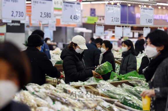 지자체가 코로나19 감염 확산을 막기 위해 5일장 휴장 조치를 이어가는 가운데 시장 상인회가 대형 마트 영업은 허용하면서 5일장만 막는 것은 말이 안 된다며 반발하고 있다. 사진은 영업을 계속하고 있어 마스크를 쓴 소비자들로 붐비는 대형 마트의 모습. 박윤슬 기자 seul@seoul.co.kr