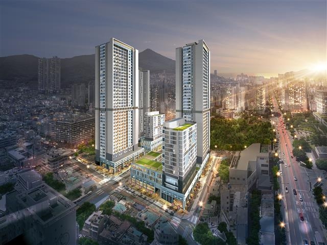 부산시청 앞 행복주택 조감도. 청년 주거난 해소를 위한 행복주택 사업은 5개 지구 4091가구로 추진한다.