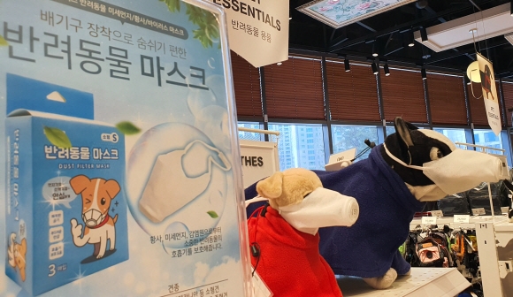 홍콩에서 반려견이 처음으로 코로나19 확징판정이 난 가운데 15일 경기도의 한 쇼핑몰에서 반려견 마스크를 판매하고 있다. 2020. .3. 15 정연호 기자 tpgod@seoul.co.kr