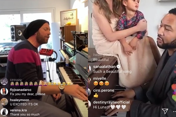 인스타그램 라이브를 통해 미니 콘서트를 열고 있는 콜드플레이 보컬 크리스 마틴(왼쪽)과 팝스타 존 레전드. 인스타그램 캡처