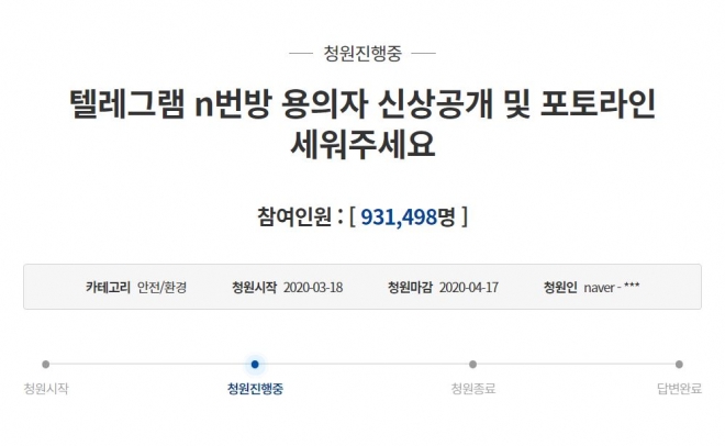 21일 오전 기준 ‘박사방’ 피의자 신상을 공개해달라는 국민청원에는 90만명 이상이 동의했다.