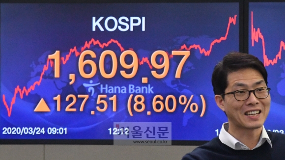 종가가 1,609.97을 기록한 24일 서울 하나은행 딜링룸에서 딜러들이 밝은 표정으로 분주히 움직이고 있다. 2020.3.24 박지환기자 popocar@esoul.co.kr