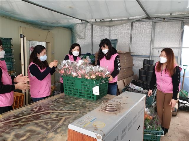 진천지역 봉사단체 ‘또바기’가 지난달 화훼농가를 찾아 생산적 일손봉사를 하고 있다 충북도 제공