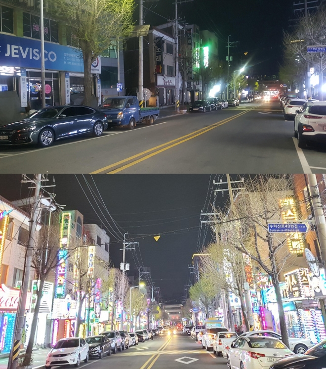 코로나19 확산 우려로 자발적 휴업에 들어간 안양지역 베터리골목 모습(위)과 휴업전 화려한 모습(아래)이 대조를 이루고 있다. 안양시 제공 