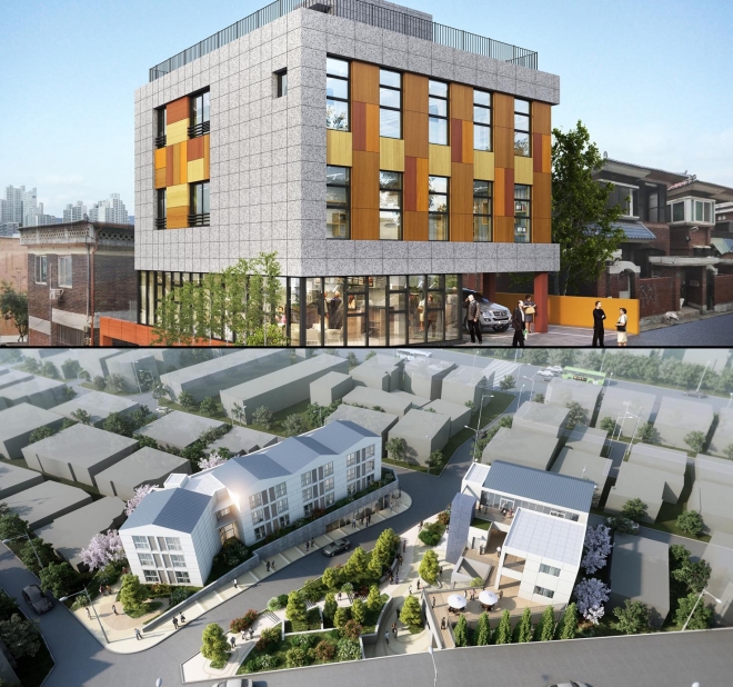 안양시 명학마을 도시재생뉴딜사업의 하나로 조성하고 있는 스마트케어하우스(위)와 두루미하우스(아래) 조감도. 안양시 제공 