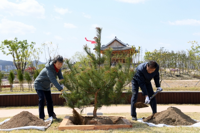 박종호(사진 오른쪽) 산림청장과 정재숙(사진 왼쪽) 문화재청장은 21일 국립세종수목원 후계목정원에서 천연기념물 제359호인 의령 성황리 소나무 후계목을 기념식수했다. 산림청 제공