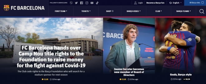 코로나19 극복 기금 마련을 위해 홈경기장 네이밍 스폰서십 판매를 발표한 FC바르셀로나 홈페이지.