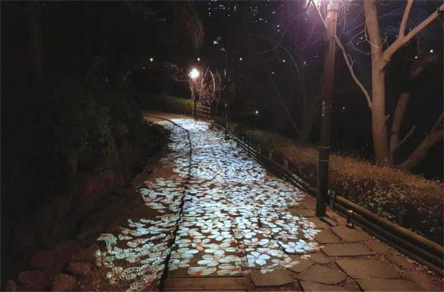 서울 서대문구에 있는 안산 벚꽃길에 바닥 조명이 설치된 모습. 마치 꽃잎이 떨어진 길처럼 보인다. 서대문구 제공