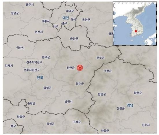 전북 장수 북쪽서 규모 2.8 지진