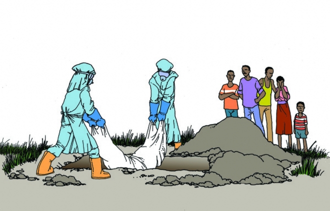 에볼라 사망자를 안전하게 묻는 법을 안내한 미 질병통제관리국의 일러스트. 위키미디어