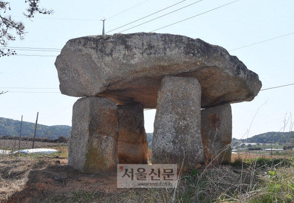 고창 향산리 고인돌. 기둥모양의 받침돌을 가진 고인돌로서 언덕 위에 단독으로 서 있어 랜드마크가 됐을 것이다. 마치 석조 기둥식 건물과도 같다. 고창 오장환 기자 5zzang@seoul.co.kr