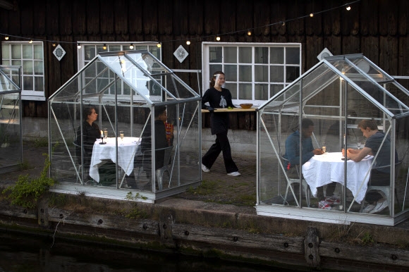 네덜란드 암스테르담의 한 식당에서 코로나19 확산 방지를 위해 마련된 작은 온실에 앉은 손님들에게 음식을 나르고 있다. 연합뉴스 