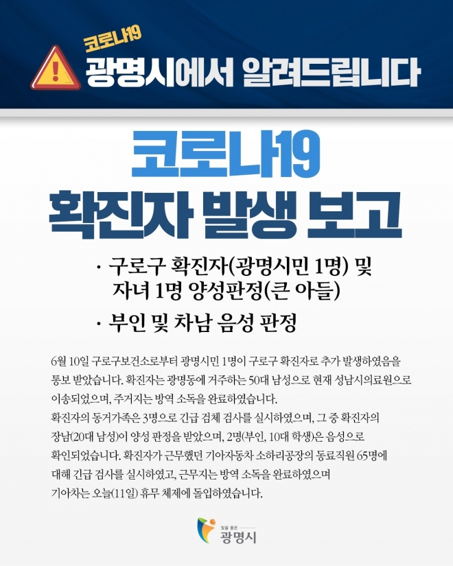 광명 50대남성 확진자 발생 생황 카드뉴스. 광명시 제공