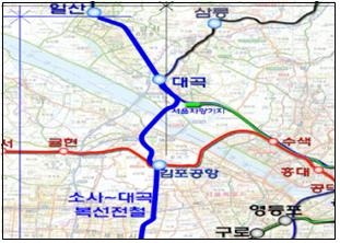 서해선 부천 소사에서 일산역간 노선도