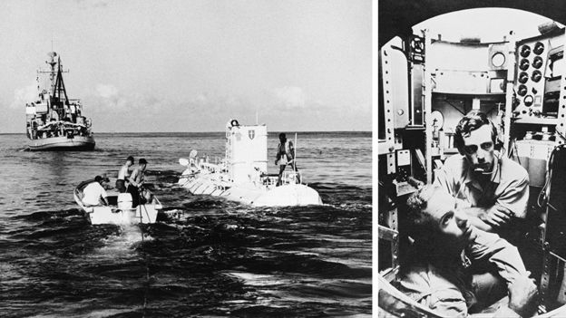 60년 전 잠수정 트리에스테를 타고 인류 최초로 바닷속 1만m 아래를 내려가 본 자크 피카르(오른쪽 사진 위)와 켈리 월시의 아버지 돈 월시. 영국 BBC 홈페이지 캡처  