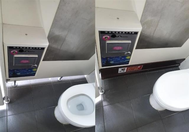 서울 용산구가 스마트폰 기기 등을 이용한 불법 촬용을 막기 위해 지역 내 여성용 공중화장실 6곳을 대상으로 화장실 칸막이 아래 틈을 밀폐하는 안심스크린을 설치하기 전(왼쪽)과 후. 용산구 제공