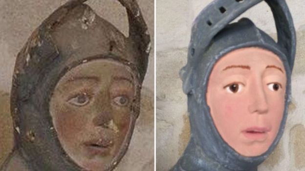 지난해 스페인 나바레의 한 교회에 있던 16세기 성 조지의 동상이 플레이모빌 캐릭터 이미지 비슷하게 바뀌어 있다. ArtUs Restauraci&oacute;n Patrimonio 제공 영국 BBC 홈페이지 캡처