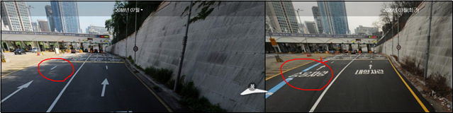 남산1호 터널의 요금소 부근, 2018년 7월과 2020년 3월 비교 사진. 자료출처 : 카카오맵