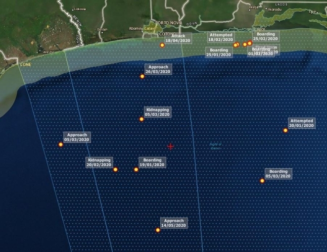 코노투 항구 남부 한국인 피랍 추정 지점(+ 표시)/드라이어드 글로벌(연합)