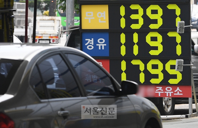 5월 중순을 기점으로 반등한 전국 주유소 휘발유 가격이 5주 연속 상승했다. 오피넷에 따르면 이달 넷째주 전국 주유소 주간 단위 휘발유 판매 가격은 ℓ당 1천346.3원으로 지난주보다 16.3원 올랐다. 사진은 28일 서울 시내 한 주유소. 2020.6.28 오장환 기자 5zzang@seoul.co.kr