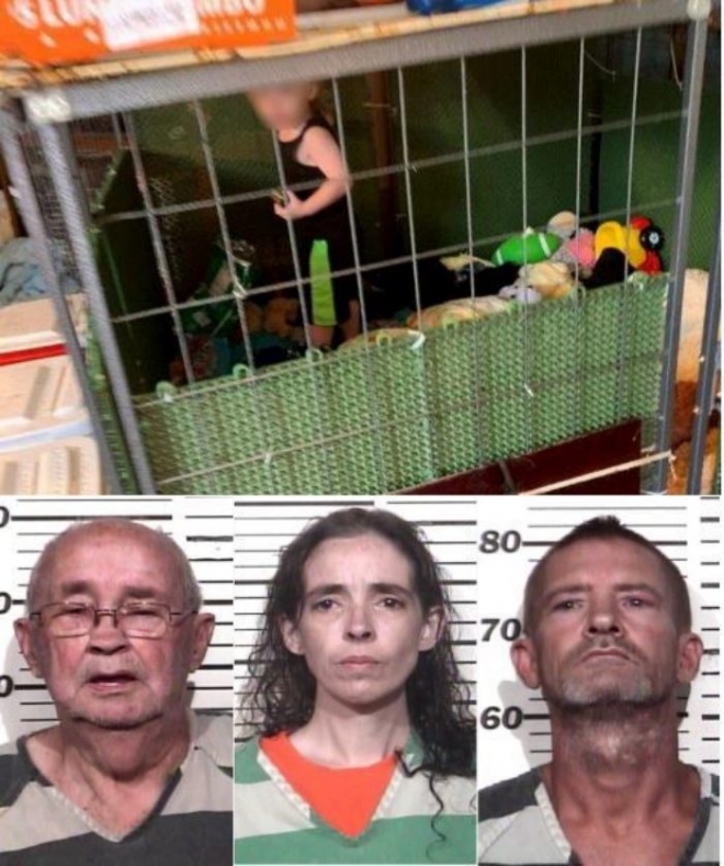 개 사육장에 방치돼있다가 구조된 18개월 아이(위), 아동·동물 학대, 총기·마약 소지 혐의로 경찰에게 체포된 의붓할아버지(왼쪽부터), 어머니, 의붓아버지/미 테네시주 헨리 카운티 경찰