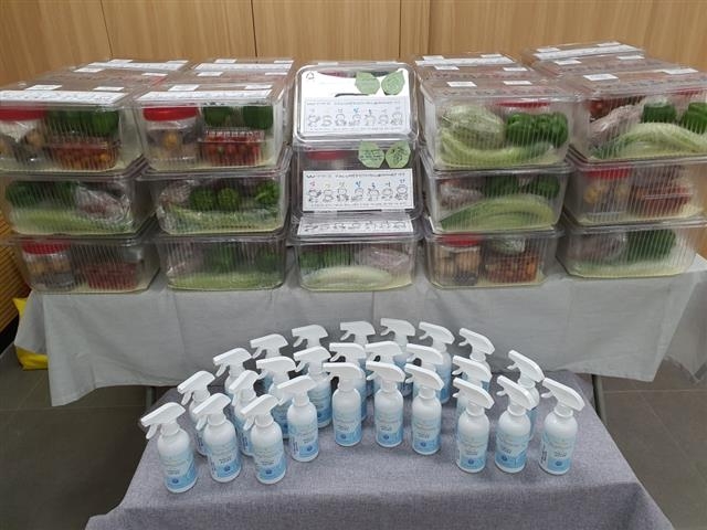 강동구 심심텃밭봉사단이 직접 재배한 채소와 손소독제 등으로 구성된 심통꾸러미. 강동구 제공