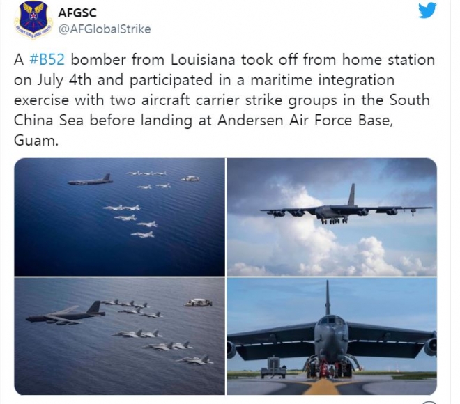 ‘하늘의 요새’ B-52H가 미국 본토에서 28시간을 비행해 남중국해 운련에 합류했다고 날리는 미공군 트위터.