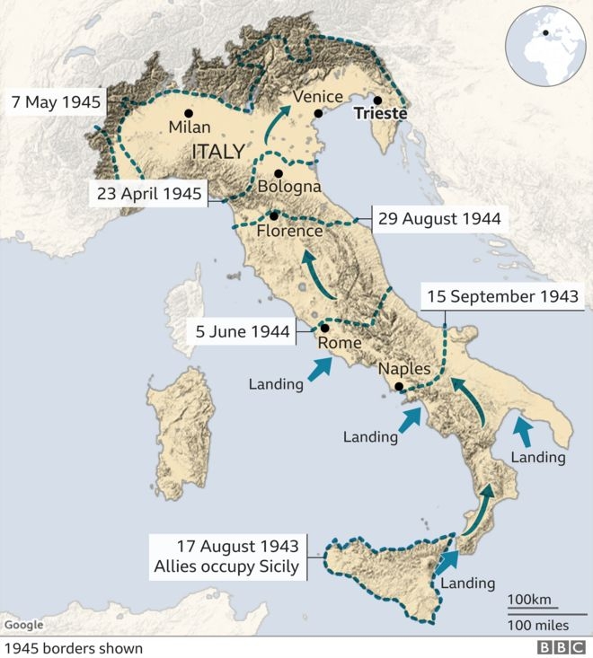 2차 세계대전 말미의 이탈리아 전황. 트리에스테는 이탈리아 북동부, 슬로베니아 및 크로아티아와 국경 가까이에 자리하고 있다. 