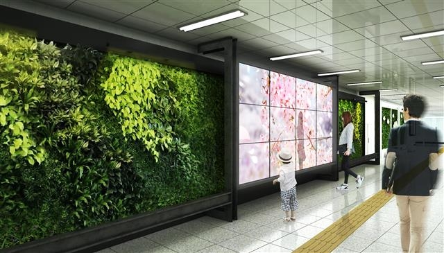 강남구 지하철 7호선 청담역의 미세먼지 프리존에 설치된 ‘미디어월’.