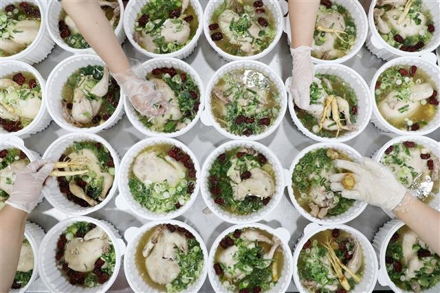 초복을 이틀 앞둔 14일 경기 수원시 권선구 평동행정복지센터에서 평동새마을부녀회 회원들이 지역 어르신들에게 전달할 삼계탕을 포장하고 있다. 연합뉴스