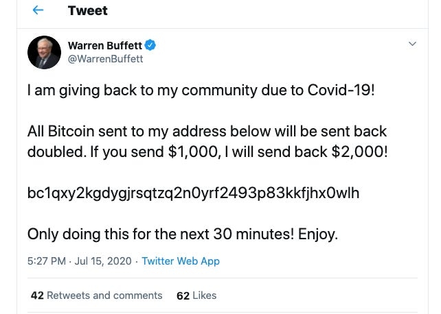 15일(현지시간) 해킹당한 워렌 버핏 버크셔해서웨이 회장의 트위터 계정.  ‘30분 안에 1000달러(약 120만원)를 비트코인으로 보내면 돈을 2배로 돌려주겠다’는 내용의 글이 올라왔다가 삭제됐다.