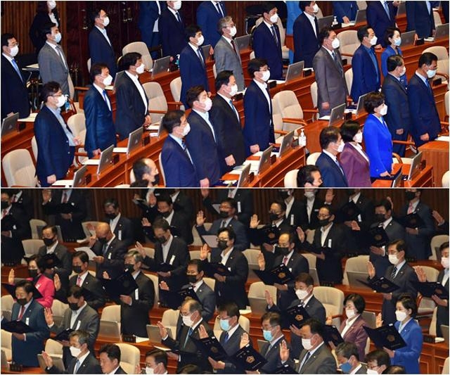 제21대 국회 개원식에 참석한 국무위원과 여당 의원들이 흰색 마스크를(위), 미래통합당 의원들이 검은색 마스크(아래)를 쓰고 있다/뉴스1