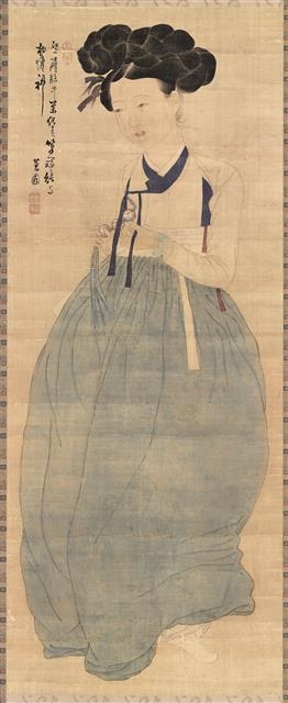 신윤복 ‘미인도’, 18세기, 비단에 채색,114×45.5㎝, 간송미술관.