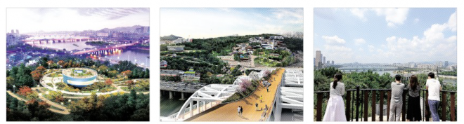 2022년 용양봉저정 관광명소화 사업이 완료되면 노들섬에서 공연을 감상한 뒤 백년다리를 건너 용양봉저정 전망대에서 한강 야경을 즐길 수 있게 된다. 사진은 왼쪽부터 용양봉저정 전망대 조감도, 백년다리 투시도, 전망대에서 바라본 강북의 전경. 동작구 제공