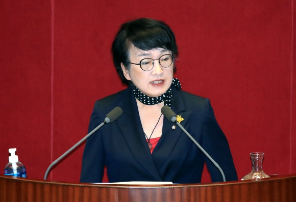 반대 토론하는 김진애 원내대표