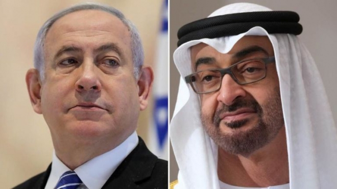 베냐민 네타냐후 이스라엘 총리와 아랍에미리트(UAE) 아부다비 에미르 왕세자 무함마드 빈자예드 알냐한. 로이터 AFP 자료사진