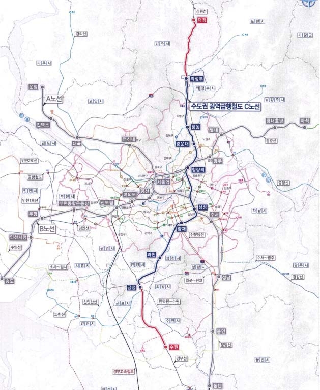 총 10개 역에 정차하는 총연장 74.8km GTX-C 노선도. 