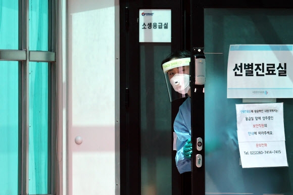 수도권을 중심으로 코로나19 확진자가 급증하고 있는 가운데 지난 17일 서울 중구 국립중앙의료원 선별진료소에서 한 의료진이 코로나19 검사 준비를 하던 중 내원객을 살펴보고 있다. 연합 