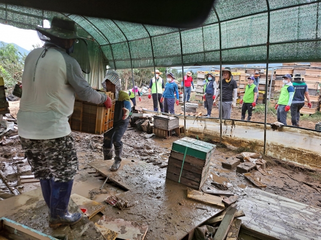 순천미인 농협봉사단들이 수해 피해를 입은 양봉농가 비닐하우스를 정리하고 있다.