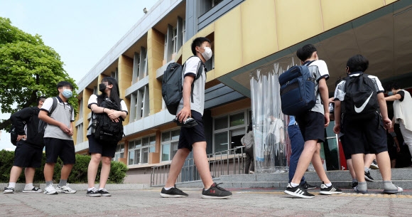 마스크를 쓰고 등교하는 학생들