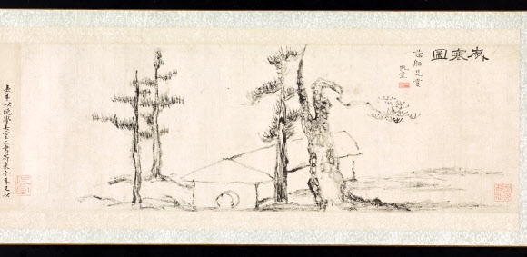 추사 김정희가 1844년에 그린 ‘세한도’의 그림 부분. 두루마리 왼쪽에는 작가 발문과 찬시가 적혀 있다. 국립중앙박물관 제공