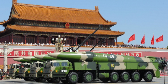2015년 9월 3일 중국이 중일전쟁 승리 70주년을 맞아 진행한 군사 퍼레이드에서 공개한 중거리미사일 DF26. 서울신문 DB
