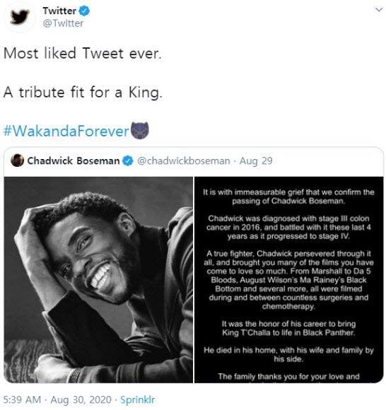 마블 영화 ‘블랙 팬서’ 등으로 유명한 배우 채드윅 보즈먼의 갑작스러운 별세 소식을 알린 트윗이 역대 최다 ‘좋아요’를 받았다. 보즈먼의 별세 소식을 알린 트윗은 현재까지 약 620만개의 좋아요를 받았고 약 300만회 리트윗됐다. 트위터 계정 캡처