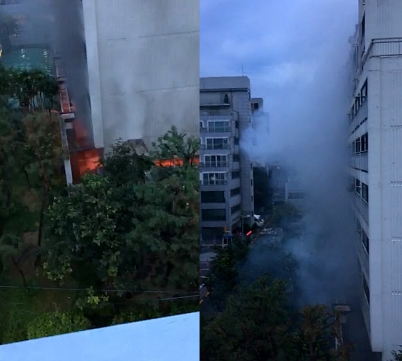 양재동 아파트 주차장 BMW 차량서 화재…주민들 놀라 대피