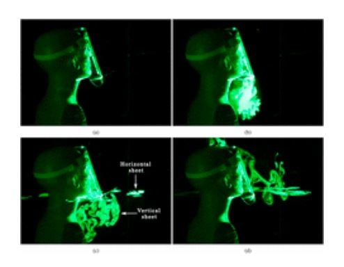 페이스실드 바깥으로 비말이 퍼져나가는 실험 장면. 출처:유체 물리학 온라인판