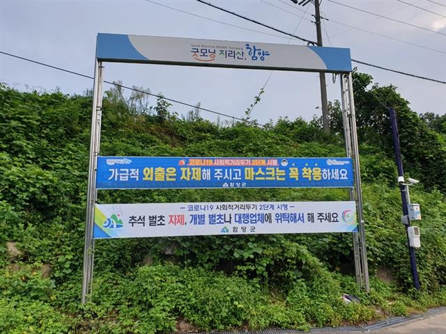 경남 함양군이 벌초 및 성묘철을 앞두고 코로나19 예방을 위해 읍면 곳곳에 내건 모둠벌초 자제와 개별·대행벌초를 권장하는 내용의 현수막. 함양군 제공