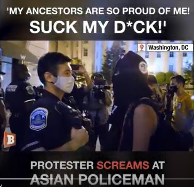 미국 워싱턴의 인종차별 항의시위 현장에서 한국계로 추정되는 경찰에게 한국어 욕설을 하고 있는 시위 참가자. 유튜브 캡처