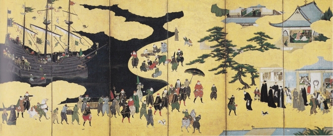 가노 나이젠, ‘난반뵤부’(남만인도래도) 부분, 1598, 154.5&#57767;363.2㎝, 고베시립박물관