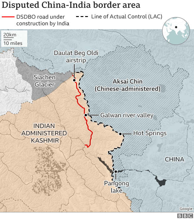 분쟁의 대상인 인도-중국 국경선 지역. BBC 캡처